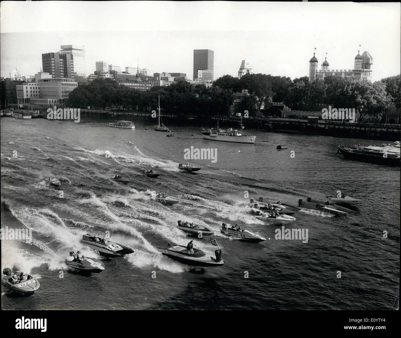 Jun. 06, 1971 - Rough weather shortens Putney-Calais power boat race.: The scene as power boats sett off opposite the Tower of London yesterday for the scheduled Putney-Calais race yesterday. Because of bad weather the course was reduced, to Ramsgate and back to Putney. Stock Photo