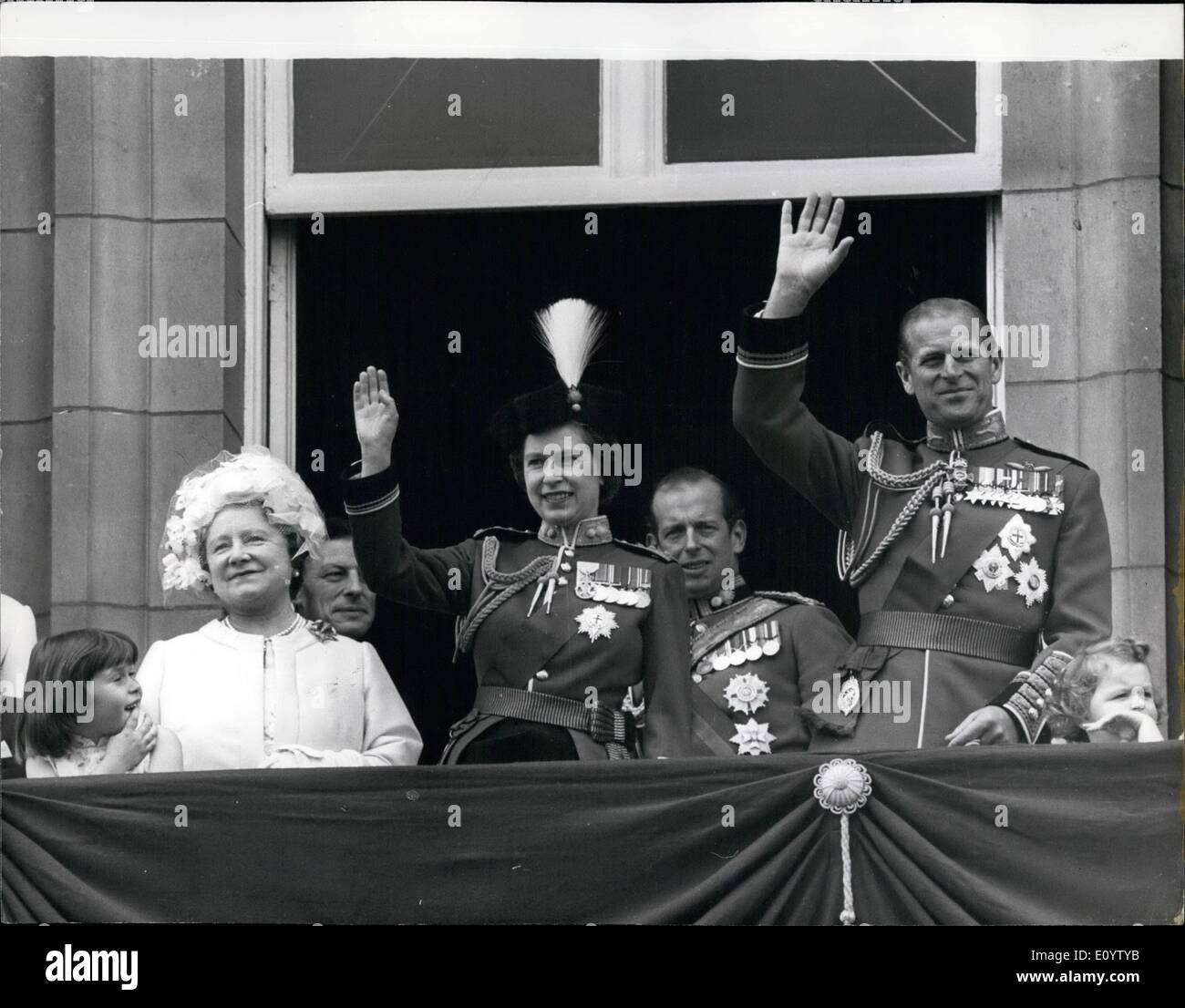 Jun. 06, 1971 - The Queen takes the salute at the Trooping the colour ceremony: To mark her official birthday the Queen today took the salute at the Trooping the Colour ceremony, trooped by the 2nd Battalion Grenadier Guards, on Horse Guards Parade. Photo shows A wave from the balcony of Buckingham Palace from the Queen and Prince Philip, accompanied by (L to R.) Lady Sarah Armstrong Jones, daughter of Princess Margaret, Queen Elizabeth the Queen Mother, Mr. Angus Ogilvy, husband of Princess Alexandra, the Duke of Kent, during today's ceremony. Stock Photo
