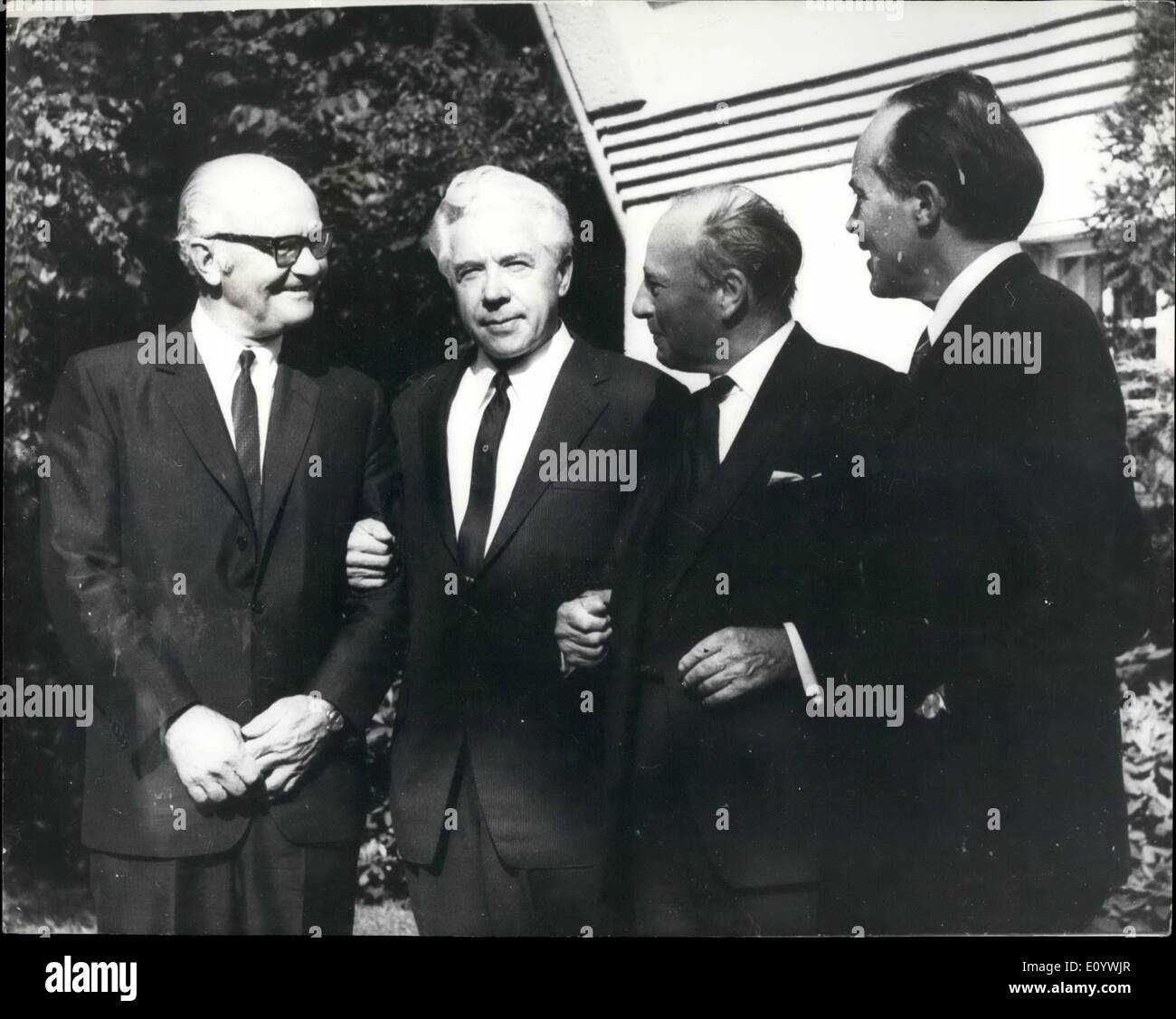 Aug. 08, 1971 - Agreement Of Berlin: The Ambassadors of America, Russia, Britain and France yesterday initialled a draft agreement on Berlin, under which the Communists will no longer inspect goods in transit between West Germany and West Berlin. Photo shows. The four Ambassadors after their meeting on berlin yesterday. (L to R): Mr. Kenneth Rush (United States): Mr. Pyotr Abrasimov (Russia): Sir Roger Jackiling (Britain) and M. Jean Sauvagnargues(France) Stock Photo