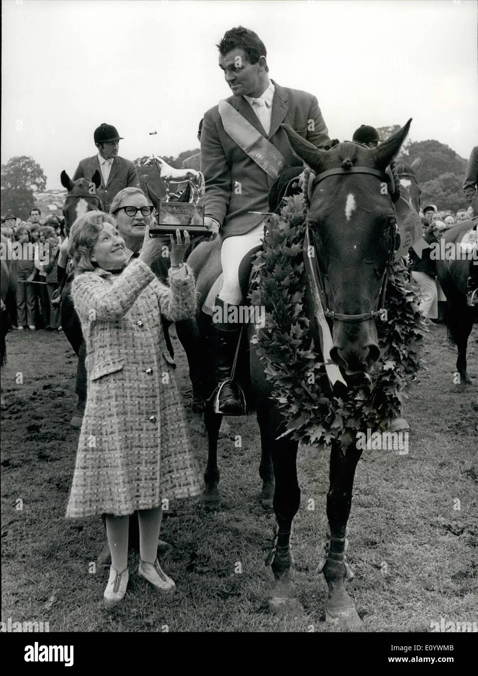 Aug. 08, 1971 - Bunn 'Disqualifies' Harvey Smith Five After British Jumping Derby: Five hours after he had won the British Jumping Derby for the second year running on Mr. B.J. Eastwood's ''Mattie Brown'' at Hickstead yesterday, Harvey Smith was sent a telegram saying that he had been disqualified, and the the 000 first prize, a world record, had been forfeit. Smith An Mattie Brown had th better of a two-horse jump-off in this classic with Stephen Hadley on Propero who, if the disqualification is upheld, will presumably be declared the winner Stock Photo