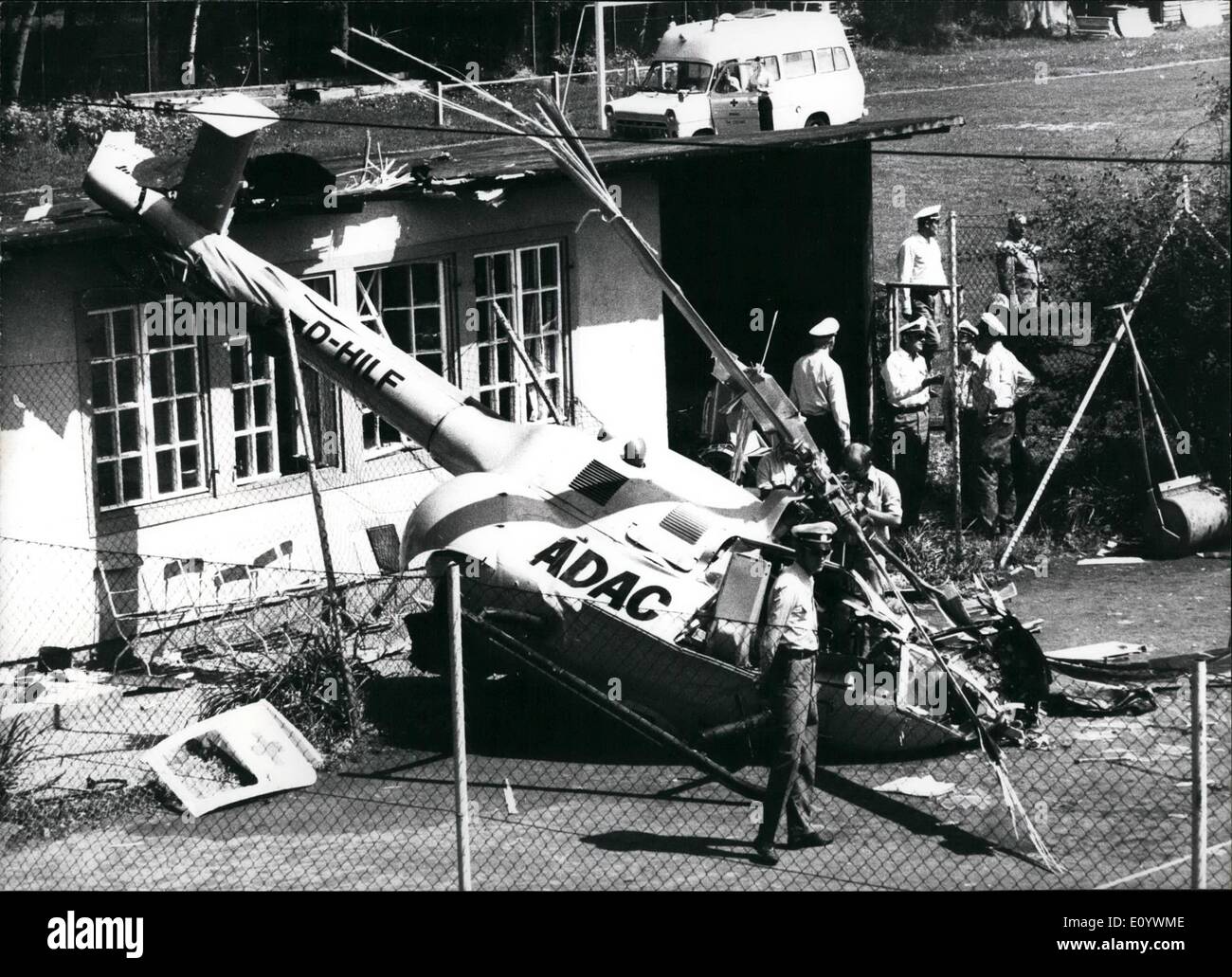 Aug. 08, 1971 - Tragic Accident of the ADAC-Rescue-Helicopter: The ADAC (general German automobil-club) rescue-helicopter ''Christoph'' (type BO 105 - Messerschmidt-Bolkow-Blohm) crashed during a rescue-flight on the sportsground of the Man-Company in Munich (West-Germany). The emergency-doctor Joachim Guskar (34) died, the pilot Ulrich Tramnau (34) and the ambulance-man Jochim Schulze (27) were badly injured. The helicopter was demanded because of a traffic-accident to take a badly helicopter was demanded because of a traffic-accident to take a badly injured boy to hospital Stock Photo