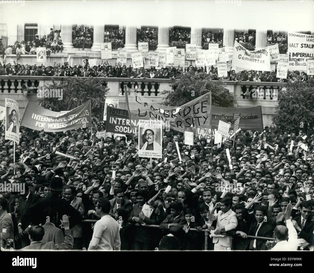 Aug. 08, 1971 - Recognise Bangladesh Rally in Trafalgar Square: A big rally was held in Trafalgar Square this afternoon by Action Bangladesh, calling to stop Genocide and Recognise Bangladesh. Photo shows a general view of the big crowd taking part in the rally in Trafalgar Square today. Stock Photo
