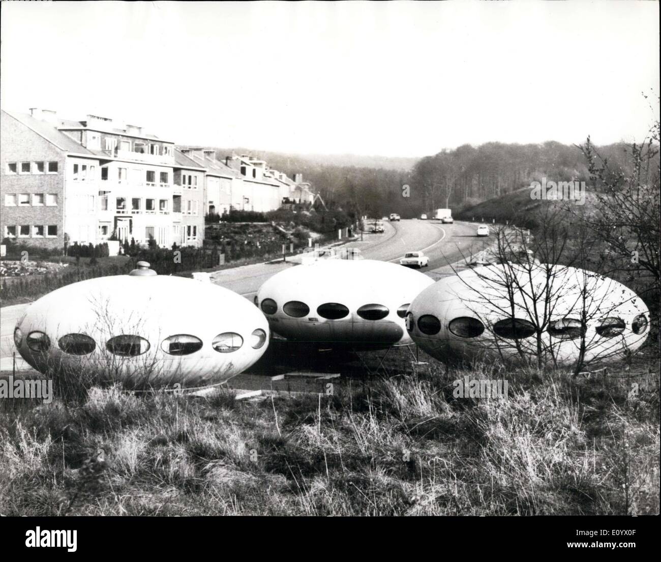 Aug. 31, 1971 - Not 'Flying Saucers': No These are not flying saucers landing in Belgium - but futuristic looking Bungalows. They were designed by Finnish architect, Matti Suuronen, and made of fibre glass. Stock Photo
