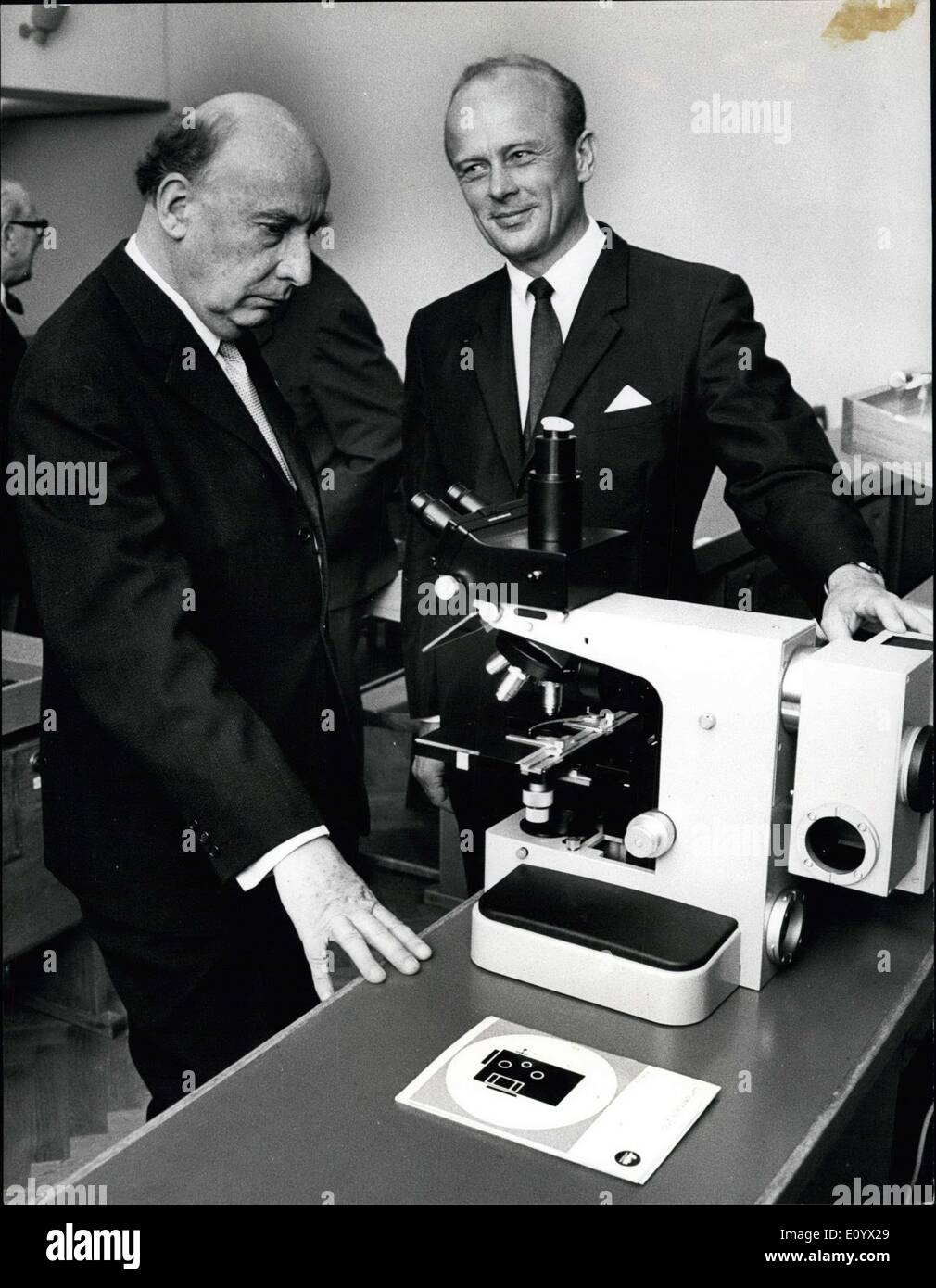 Sep. 03, 1971 - Every 100,000 research microscope built by the firm Ernst Leitz in West Germany, is since 1899 donated to scientists working in the field of light microscopical research, and who has contributed to the biological and medical science. The year the microscope has been given to the scientist, professor Bengt Falck, Lund, Sweden. Professor Falck was elected after thorougly in vestigations by scientific circles around the world and was awarded microscope nr. 800.000 Stock Photo