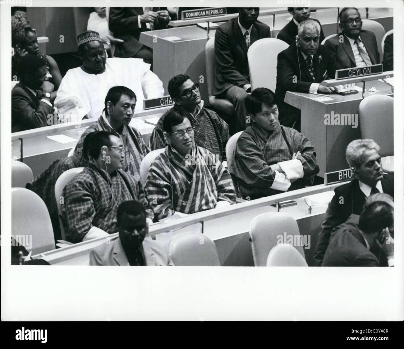 Sep. 09, 1971 - General Assembly Opens Its Twenty Sixth Regular Session: Elects Adam Malik of Indonesia As President: The General Assembly, opening its twenty sixth regular session this afternoon, elected Adam Malik, Foreign Minister of Indonesia, as its President, and admitted three new Member States; Bhutan, Bahrain and Qatar. The United Nations, with their admission, now has 130 member states. Seen here is the delegation of Bhutan headed by Prince Namgyal Wangchuk (right), Minister of Trade, Commerce and Industry Stock Photo