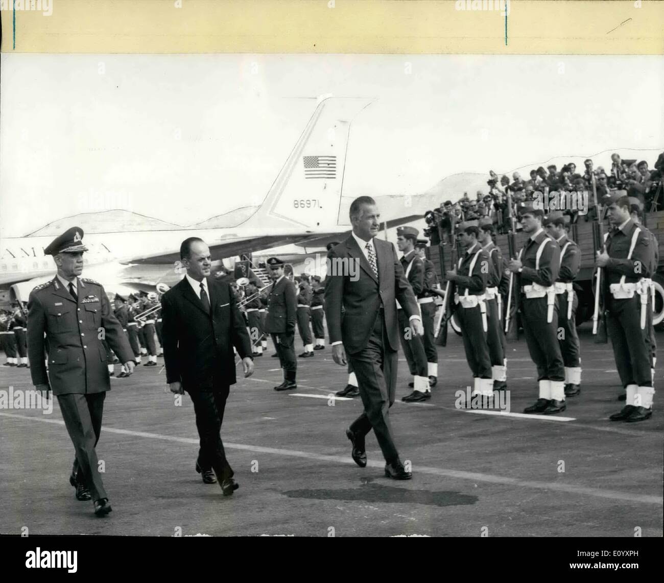 Oct. 10, 1971 - American Vice-President Mr. Agnew on a state visits on Greece. American Vice-President Mr. Agnew arrive in Athens to-day at noon on state visit, at the airport hew was met by Greek-Prime Minister Mr. George Papadopoulos and members of the Greek Cabinet. Photo Shows Mr. Agnew after his arrival at the Athens airport. From left to right General Aggelis Chief of the Greek armed forces, Prime Minister M,r.Papadopulos and Mr. Agnew. Stock Photo