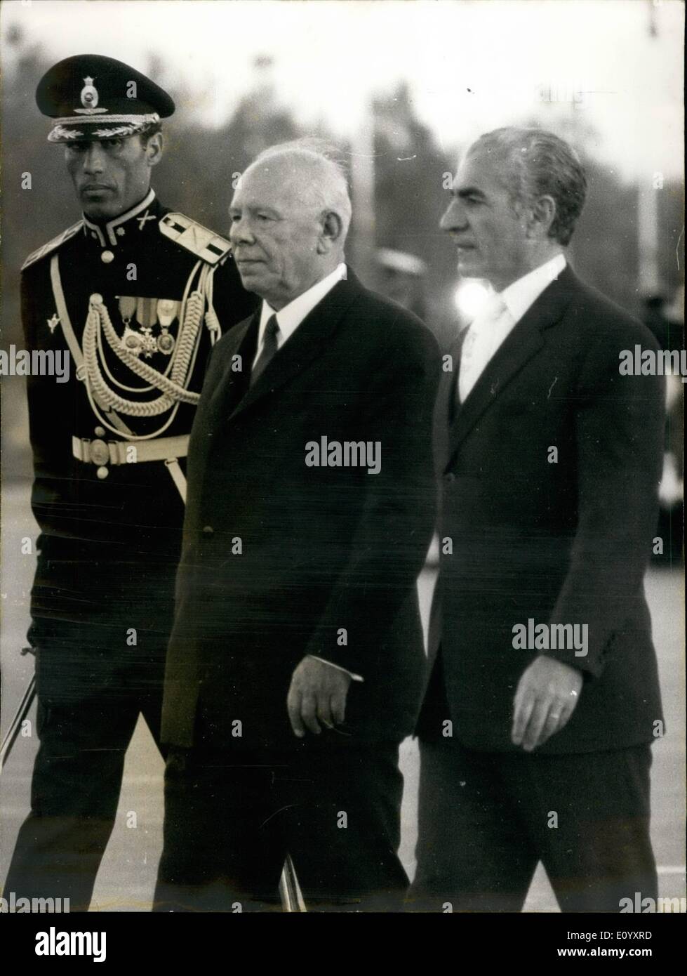 Oct. 10, 1971 - Here is Soviet President Nikolai Podgorny being welcomed to Persepolis by the Shah of Iran. He is there to celebrate the anniversary of the founding on Persia by Cyrus the Great 2,500 years ago. Antoine Pinay, Mayor of Saint-Chamond, Talks with Journalist Stock Photo