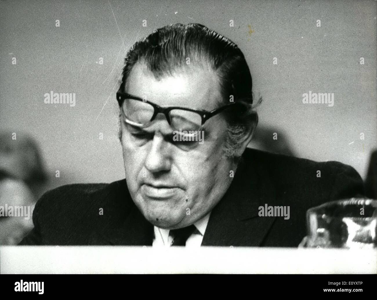 Oct. 10, 1971 - The Conservative party conference at Brighton.: The Conservative Party Conference at Brighton today called for the reintroduction of the death penalty for the murderers of policemen. Photo shows with his spectacles resting on his forehead Mr. Reginald Maudling, the Home Secretary, listens as the Tories demand the return of the death penalty. Stock Photo
