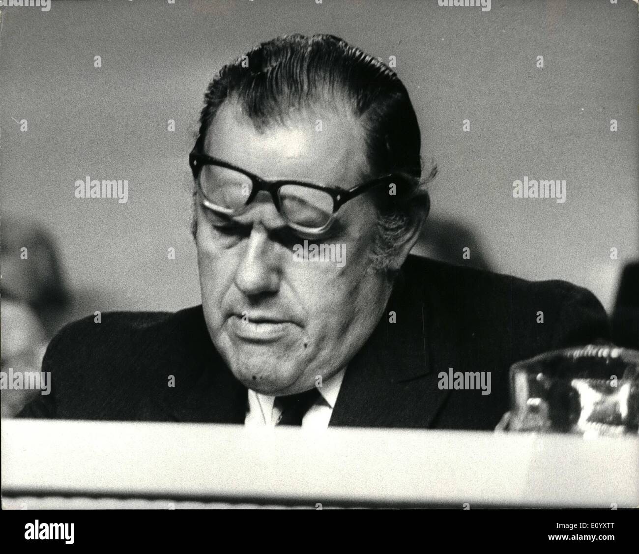 Oct. 10, 1971 - The Conservative Party Conference at Brighton; The conservative party Conferences at Brighton today called for the reintroduction of the death penalty for the murderers of policemen and prison officers. Photo Shows With his spectacles resting on his forsheed Mr. Reginald Maudling, the Home Secretary listens as the Tories demand the return of the death penalty. Stock Photo