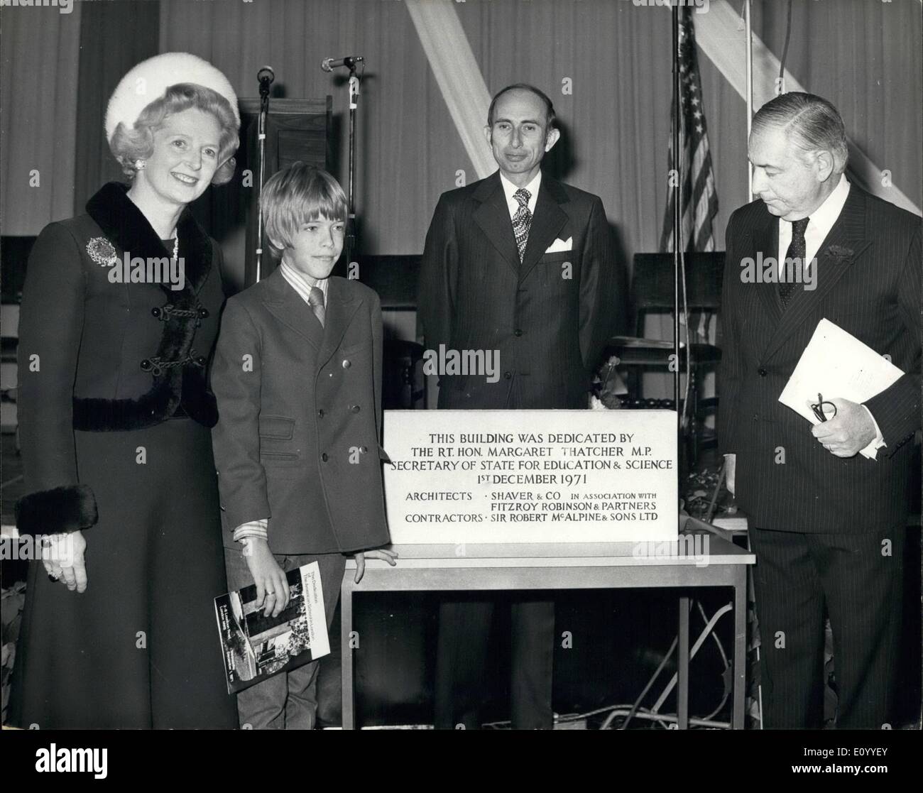 Nov. 11, 1971 - Mrs. Thatcher at dedication of New buildings for American school in London.: The 1350 pupils of the American School in London, were addressed today by Mrs. Thatcher, Secretary of State for Education and Science, when she attended the formal dedication of the school's new building in St. John's Wood, London, She late toured the buildings. Photo shows pictured with the dedication stone after the ceremony today are( l to r) Mrs. Margaret Thatcher, Jim Menk, a 13-year old pupil; The headmaster, Jack H. Harrison, and Walter H. Annenberg, the American Ambassador. Stock Photo