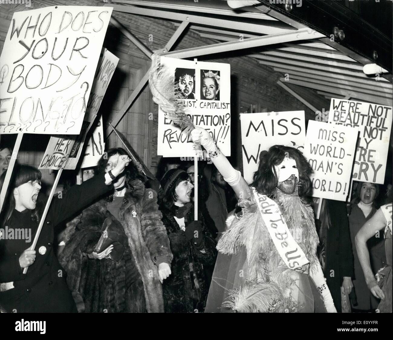 Nov. 11, 1971 - Women's Liberation Movement Demonstrate Outside The Albert Hall Over The ''Miss World Contest'': Members of Britain's Liberation movement held a demonstration outside the Royal Albert Hall in London this where the ''Miss World'' Contest was being held, which was won by 22 year old Miss Lucia Petterie, of Brazil. Photo shows Members of Women's Lib' seen outside the Royal Albert Hall in London with their banners. Stock Photo
