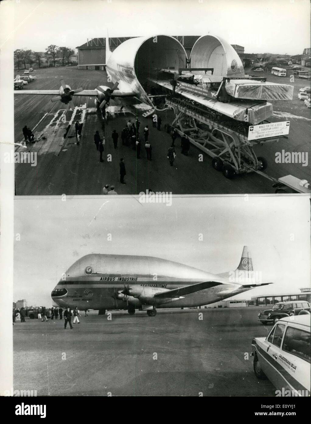 Nov. 24, 1971 - Wings For European Airbus Loaded Into Transport Aircraft. Top Picture: Delicate manoeuvrings as the first set of wings for the A300B European Airbus are loaded into a Super Guppy transport aircraft at Ringway Airport, Manchester, bound for Toulouse, France, where they will be joined to other parts built in Europe. The wings had been brought to the airport by road from Hawker Siddeley's factory in Chester. Hawker Siddley already building six wings for the airbus, announced yesterday it had received orders for eight more wings Stock Photo