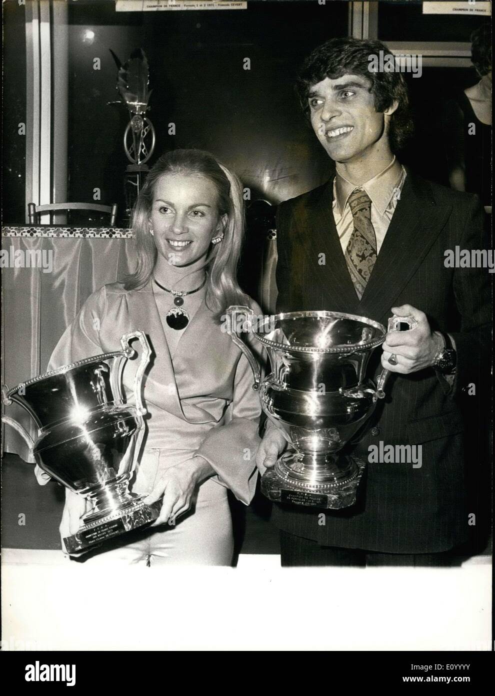 Dec. 14, 1971 - Marie Claude Beaumont and Francois Cevert stand with their trophies as champions of the 1971 Tour de France Automobile. Stock Photo