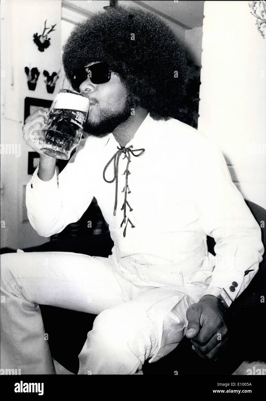 Jan. 01, 1972 - Billy Preston in Munich.: The American gospel star, Billy Preston, who became famous through hot soul music, refreshes himself with a cool beer. The singer, who reached stardom through his hit ''That's why God Planned It'' as well as by his music allegiance with the Beatles and Ray Charles will be coming to Germany for the first time. He will be appearing on the 15th of January in ''Soiree der Stars'' in Munich. He will also be giving a gala concert at the international Midem-Festival in Cannes Stock Photo