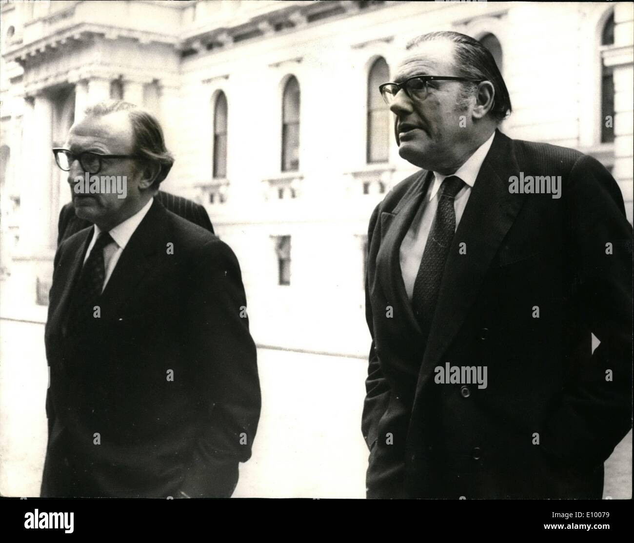 Jan. 01, 1972 - Cabinet Meeting at No. 10 Downing Street; Photo Shows Lord Carrington (left), the Defense Secretary, arriving with Mr . Reginald Maudling, the Home Secretary, for today's Cabinet Meeting at No. 10 Downing Street. Stock Photo