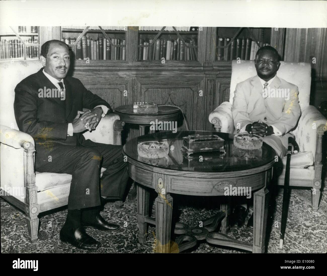 Jan. 01, 1972 - Sadat and Bokassa Hold Talks: President Jean-Bedel Bokassa of the Central African Republic, (right) pictured during talks with Egypt's President Anwar Sadat, after his recent arrival in Cairo. Stock Photo