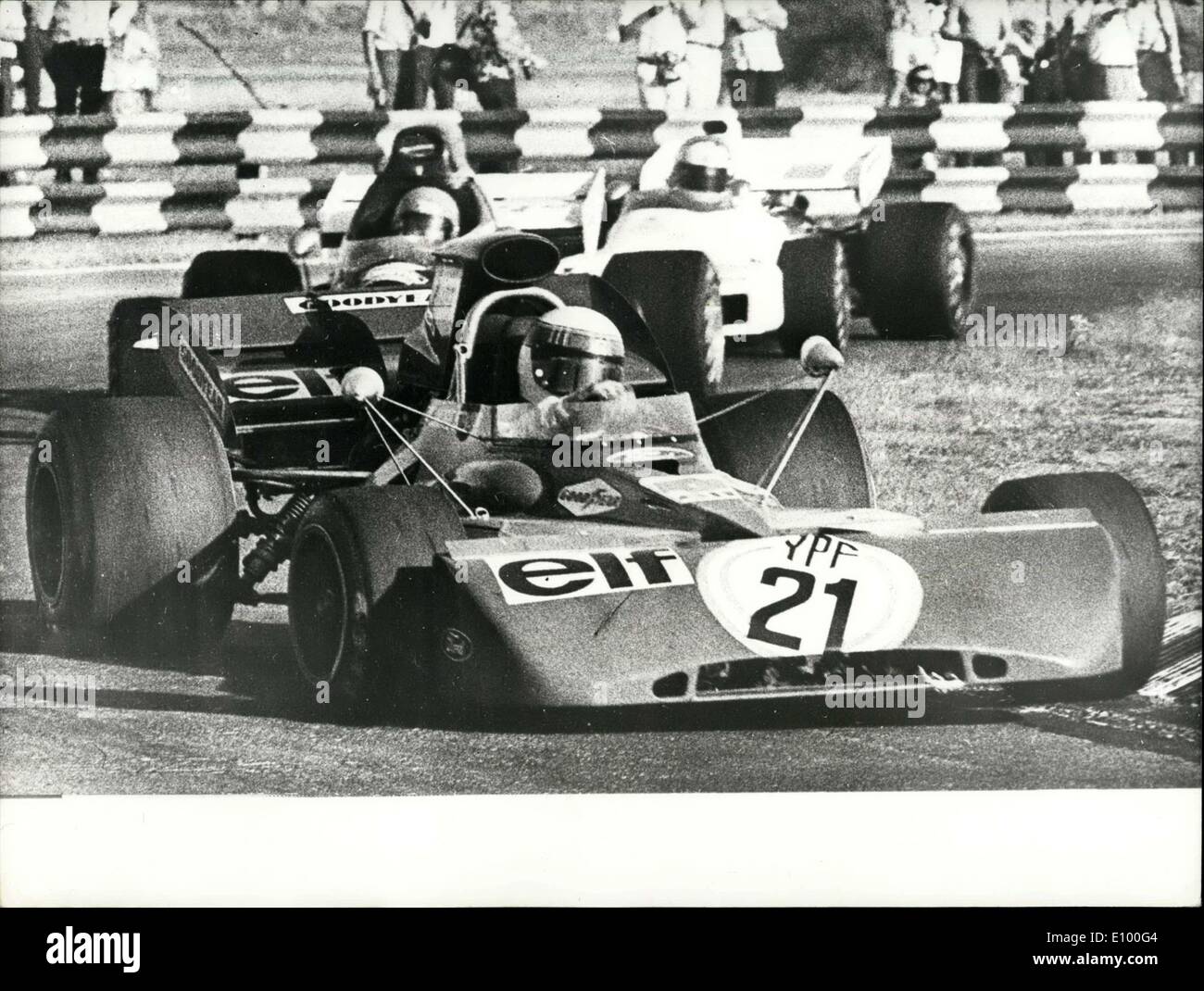 Jan. 27, 1972 - Jackie Stewart wins Grand Prix of Argentine: Driving a Tyrrell Ford, Jackie Stewart won the Grand Prix of the Argentine in Buenos Aires last Sunday. Denis Hulme, of New Zealand, driving a McLaren racer was second, and Jacky Ickx, of Belgium, in a Ferrari, was third. Photo shows Jacke Stewart (No.21) on his way to victory during the race. Stock Photo