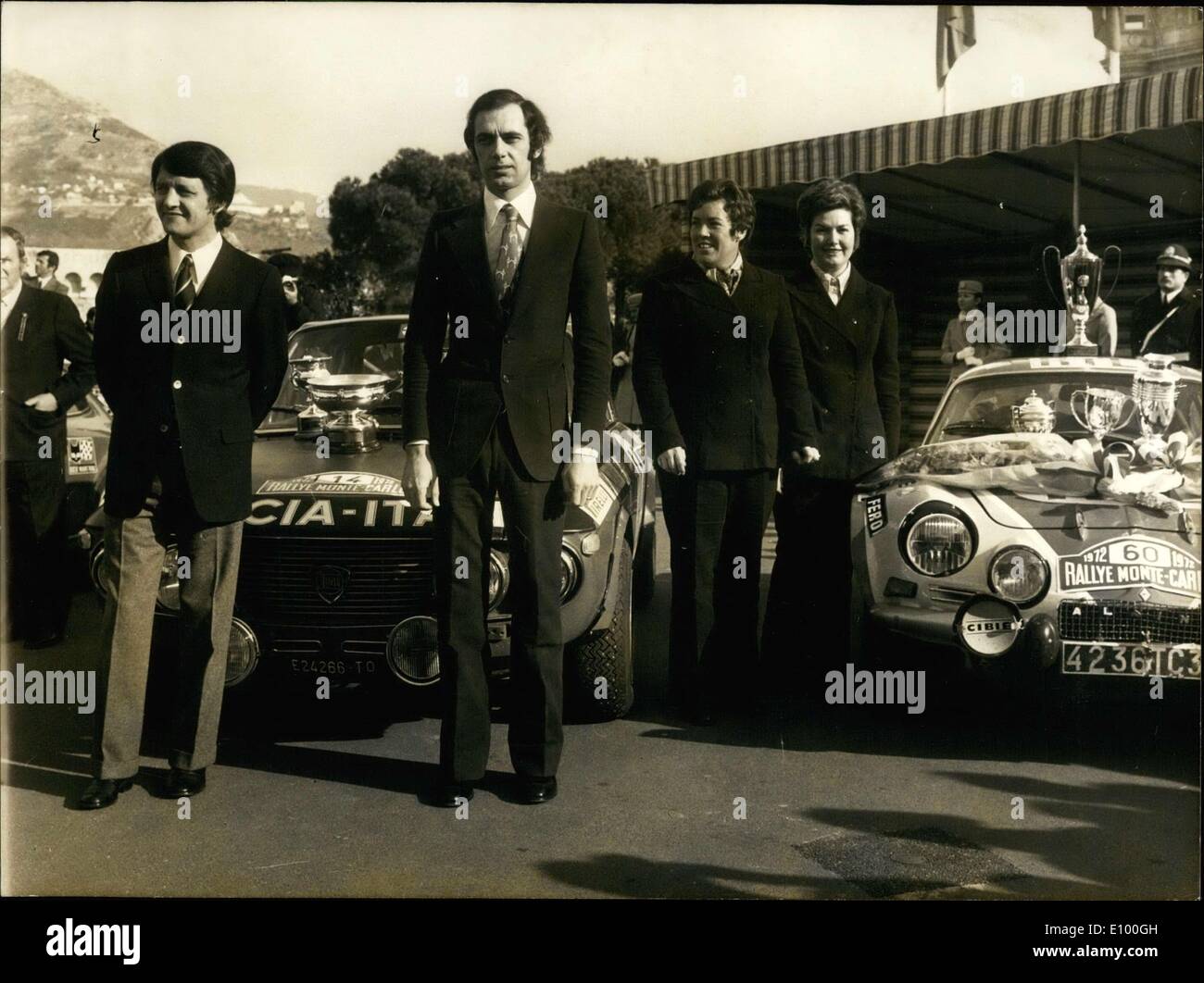 Jan. 30, 1972 - Prizes were given to the winners of Monaco's 41st Rally, which was dominated by the Italian team of Munari and Manucci, in Monte-Carlo. The royal family of Monaco attended the presentations. Munari and Manucci are pictured standing in front of their cars, along with Pat-Moss Carlsson ad Liz Crellin, who won the Ladies' Cup. Stock Photo