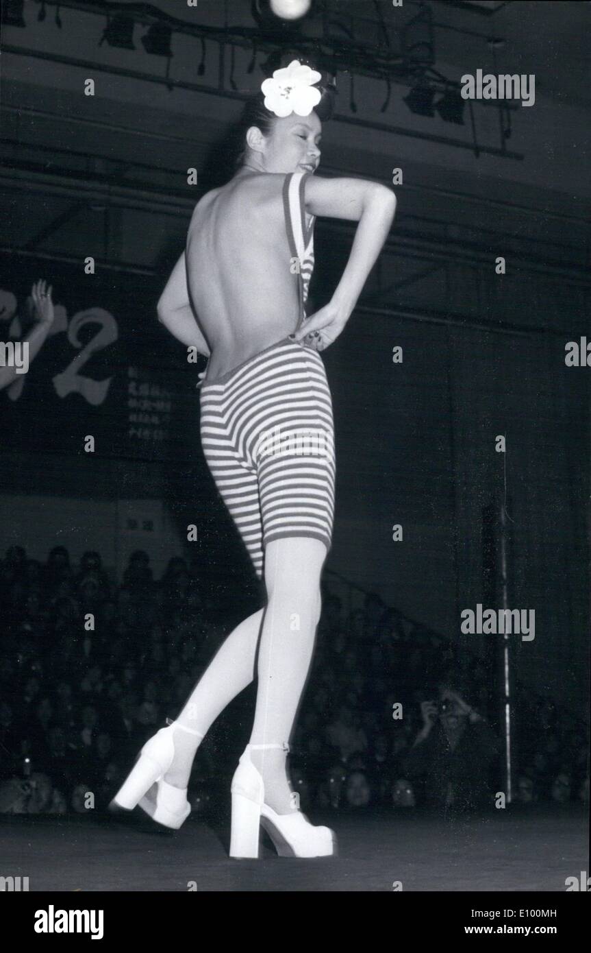 Feb. 02, 1972 - Japanese Spring & Summer vacations: Young Japanese designer Yamaoto Kansai, used the ring at the Korakuen Boxing Stadium in Tokyo to present his spring and summer '72 collection some of them were a knockout. Photo shows a backless sunsuit in knitwear. Stock Photo