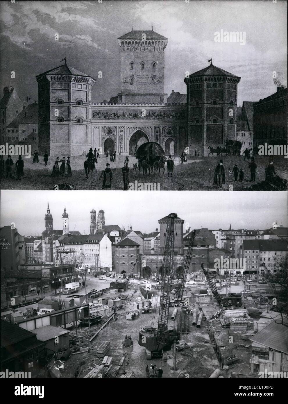Feb. 02, 1972 - Olympic City Munich. Photo shows The ''Isartor'' was built 1337 as a part of the city wall. King Ludwig I. had the gate rebuilt in the Gothic style. The 60 ft. long fresco at the front reminds one of the marching-in of Emperor Ludwig der Bayer after the battle at Ampfing in 1322. The bottom picture shows the ''Isartor'' today. A part of the underground-line is being built here, but the building-site will not be there anymore during the Olympic Games. Inside the ''Isartor'' is Germany's not curious museum Stock Photo