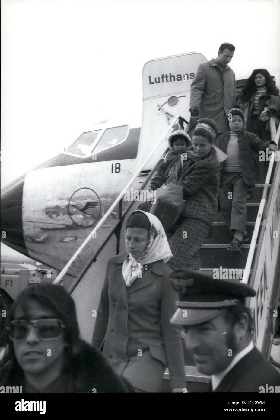 Feb. 02, 1972 - 50 Freed Jumbo Passengers Landed In Munich: Very tired and still a bit frightened 37 women and 12 children and one man who were passengers on a Jumbo Jet which was hijacked 30 hours earlier on a flight to Aden, climbed out of a Boeing 727 at Munich Airport. The special plane with the freed men arrived in frankfurt the same evening. Photo shows the first passengers of the hijacked Jumbo-Jet climbing out of the plane which brought them to Germany. Stock Photo