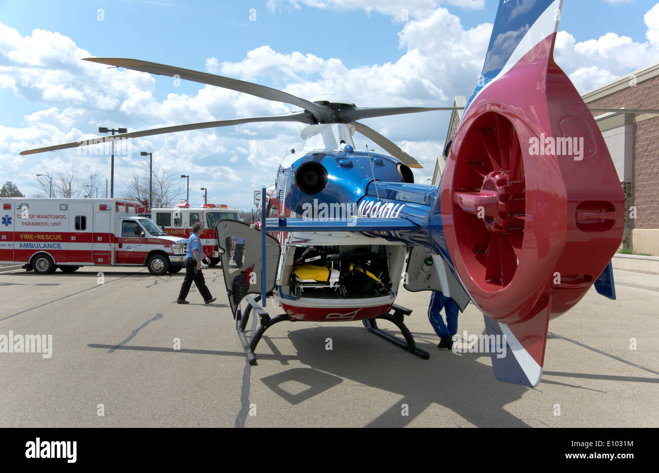 ThedaStar air medical transportation helicopter on display at Manitowoc, Wisconsin Emergency Services Week event Stock Photo