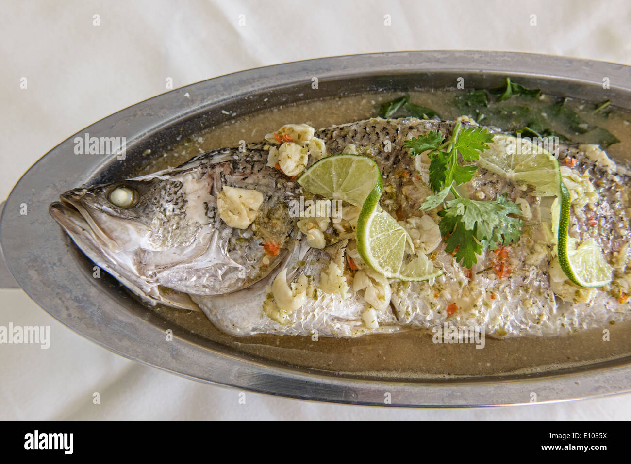 steamed seabass with lime, chili, and garlic, Bangkok, Thailand Stock