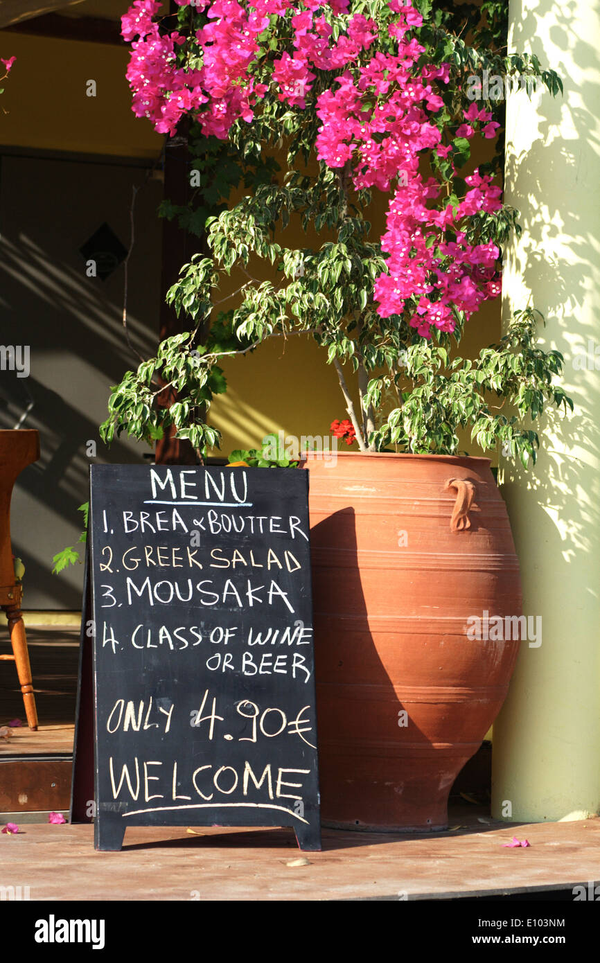 Greek menu board, Rhodes Island, Ialyssos Rhodes, East Coast, Greece