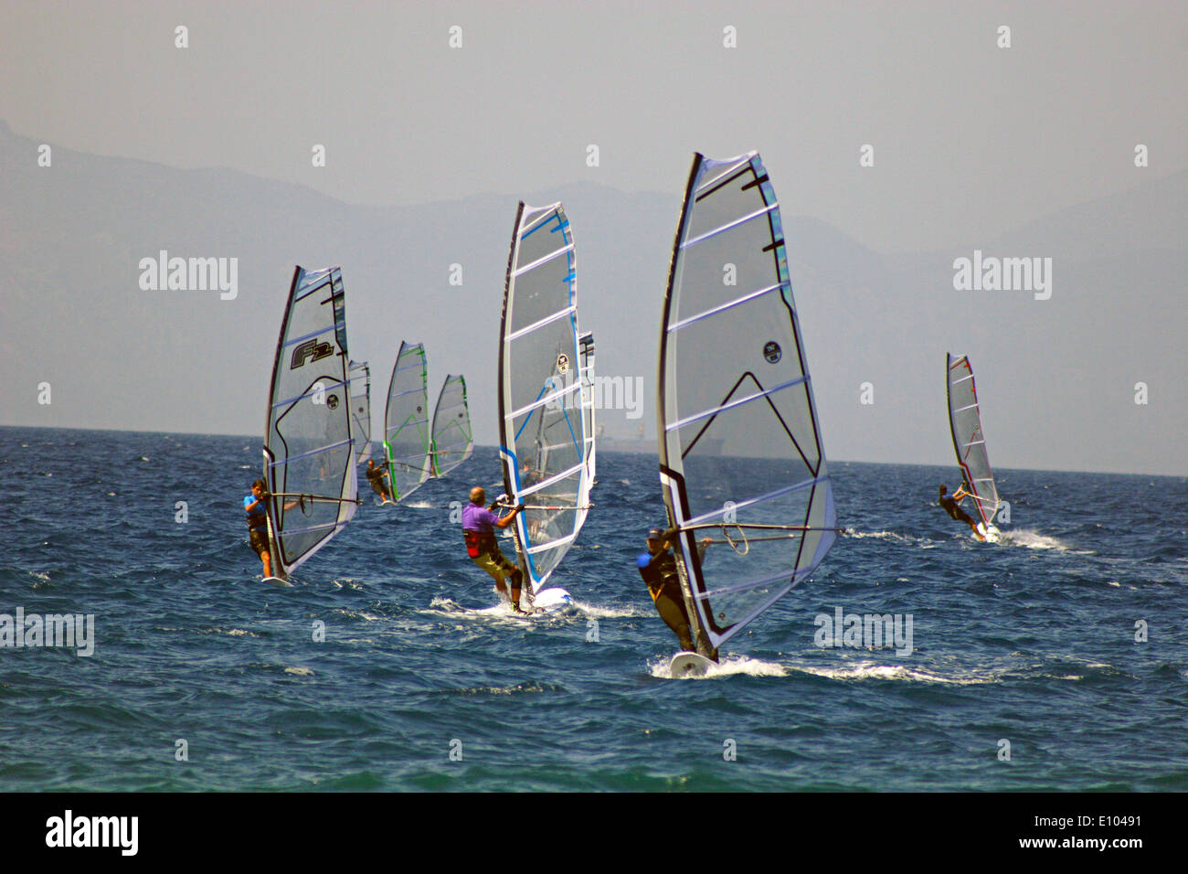 Windsurfers,Rhodes Island, Ialyssos Rhodes, East Coast, Greece Stock Photo