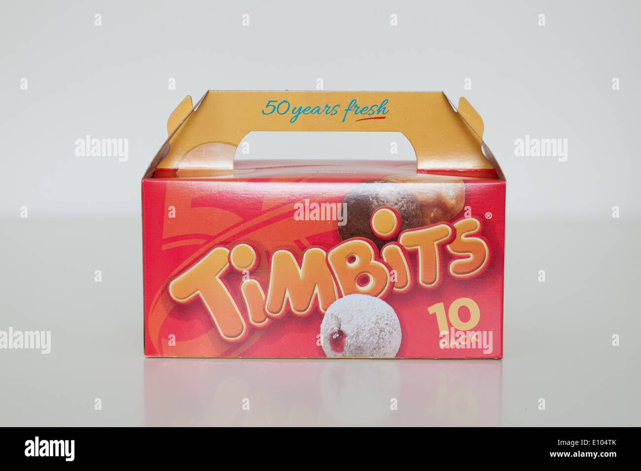 A box of Timbits (doughnut holes, donut holes) from Tim Hortons. Canada. Stock Photo