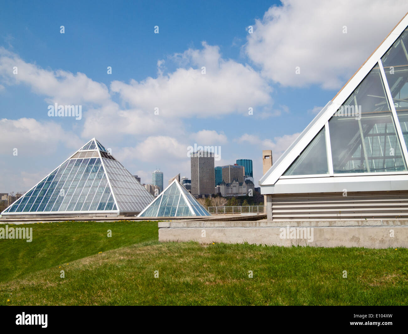 The distinctive glass pyramids of the Muttart Conservatory, a botanical