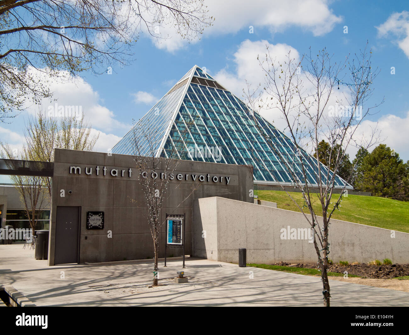 The distinctive glass pyramids of the Muttart Conservatory, a botanical