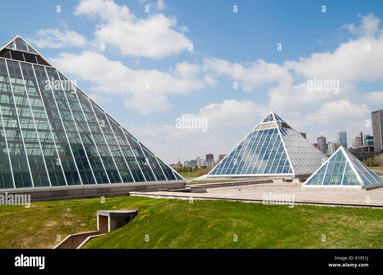 The distinctive glass pyramids of the Muttart Conservatory, a botanical