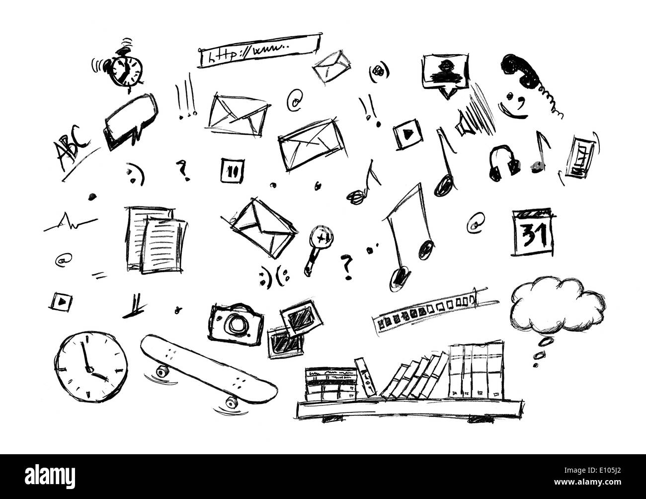 Various doodle drawing of lifestyle icons. Music, e-mail, educations, sports, internet etc. Stock Photo