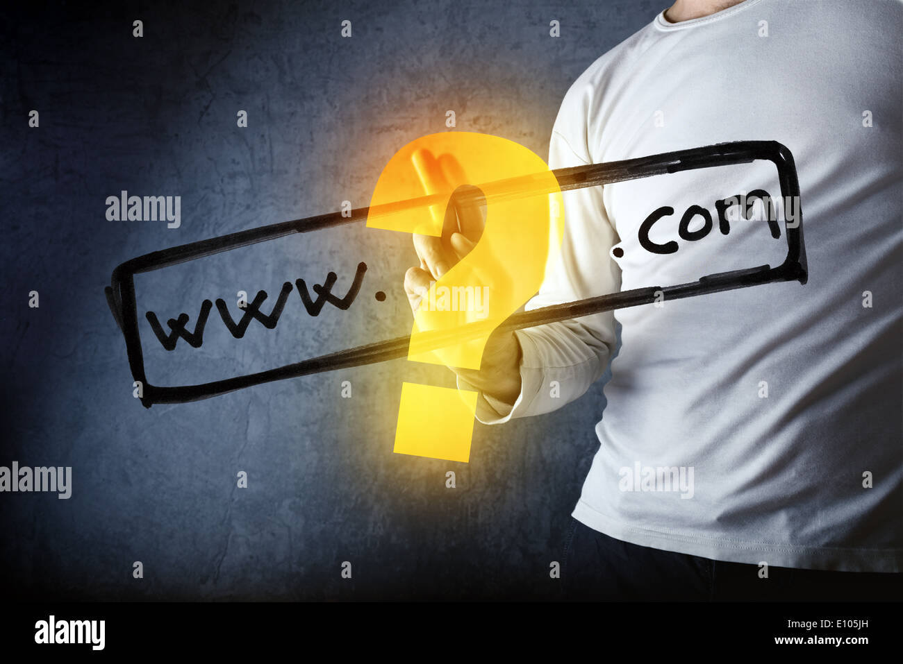 What is your com internet domain, conceptual image with man pushing virtual screen graphics. Stock Photo
