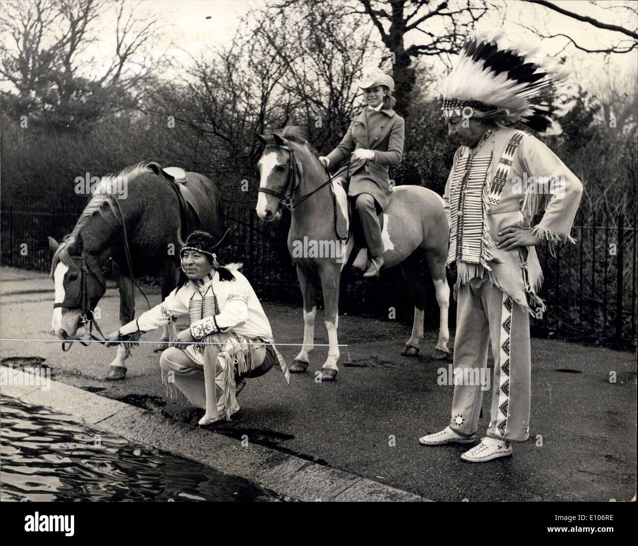 Jan. 30, 1970 - The Wild West Hits Town: In London's Hyde Park this morning members of the American Rodeo show which will be touring Europe this year, were out riding - they are the for-runners of the show, the rest of the rodeo are on their way by sea to Europe. Photo Shows: Three stars of the show stop to water the horses in the Serpentine lake they are L-R. Chief Lloyd B. One Star, Miss Rodeo of America, and Chief Black Eagle. Stock Photo