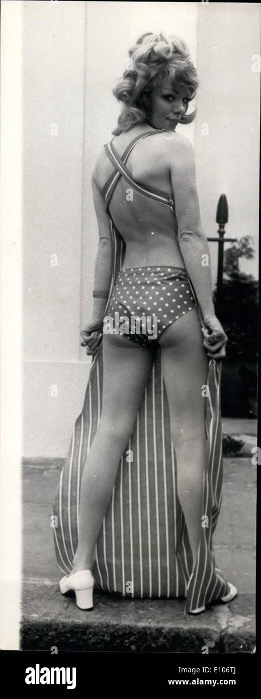 Feb. 02, 1970 - Spring Fashion Show.: Model Jill Eaton wearing 'Hostess'70' - a backless outfit in cotton poplin in candy stripe and polka dot knicks, from the Louette Whitby Spring collection shown in London today, seen from the back. Stock Photo
