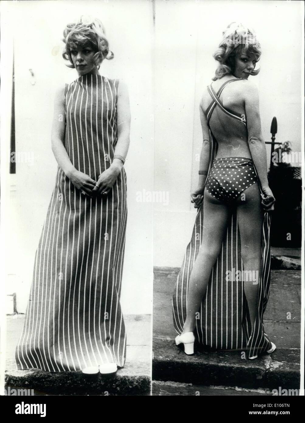 Feb. 02, 1970 - Spring Fashion Show. Photo Shows Model Jill Eaton wearing 'Hostess 70' a backless outfir in cotton poplin in candy stripe and polka dot knicks-from the Louette whitby spring collection shown in London today. the two views of the dress showing the dress as seen from the front, and the same dress seen from the back. Stock Photo