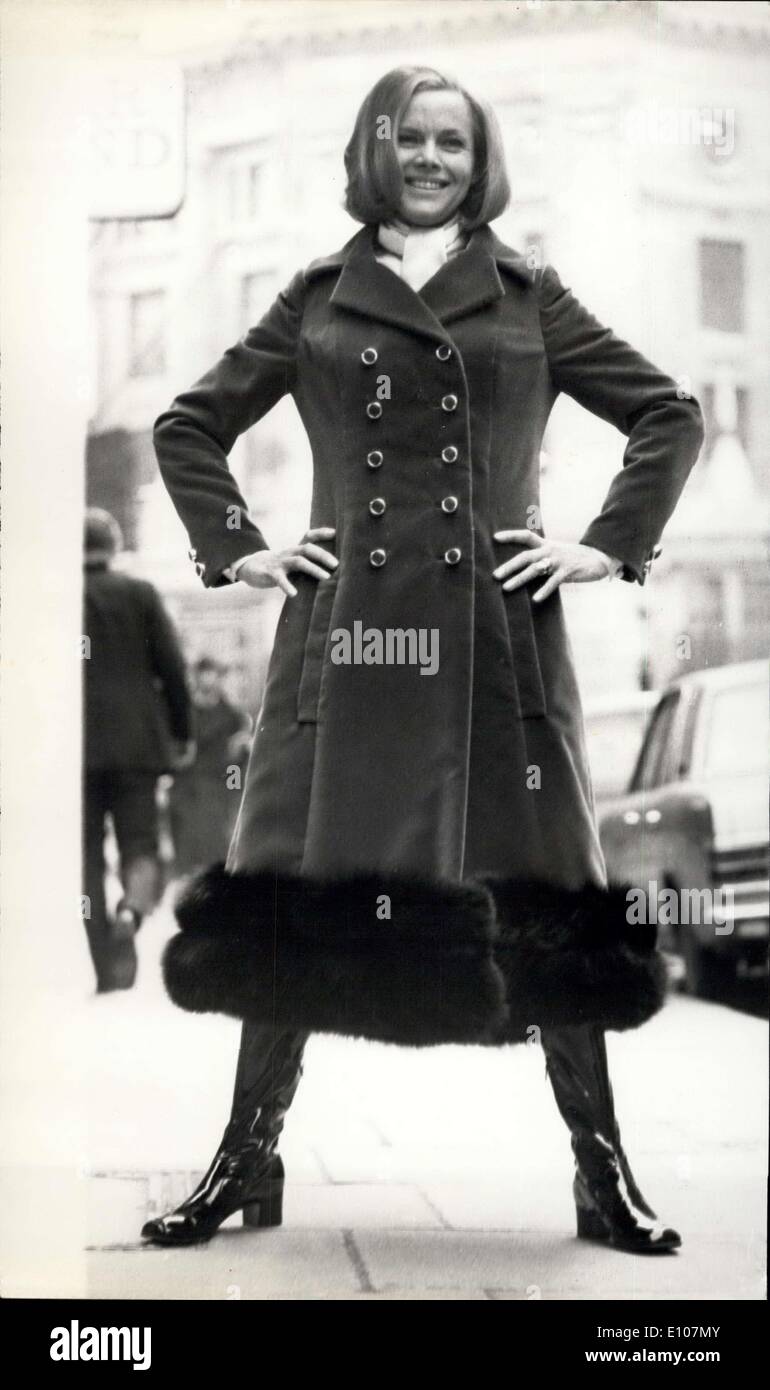Feb. 05, 1970 - Honor Blackman Tries Out Her New Christian Dior Creations For Her Forthcoming Role In ''Who Killed Santa Claus?'': From leathers and minis of the 60's to Chiffons, Transparency and the midi is how Christian Dior sees Honor Blackman in the 70's. The alluring Miss Blackman will be dressed by Christian Dior- London for her forthcoming starring role in the new Terence Feely thriller ''Who Killed Santa Claus?' which commences a six-week tour on Monday next, Feb 9th, prior to opening at the Piccadilly Theatre on April 2nd. Today Honor went along to the salon for her last fitting Stock Photo