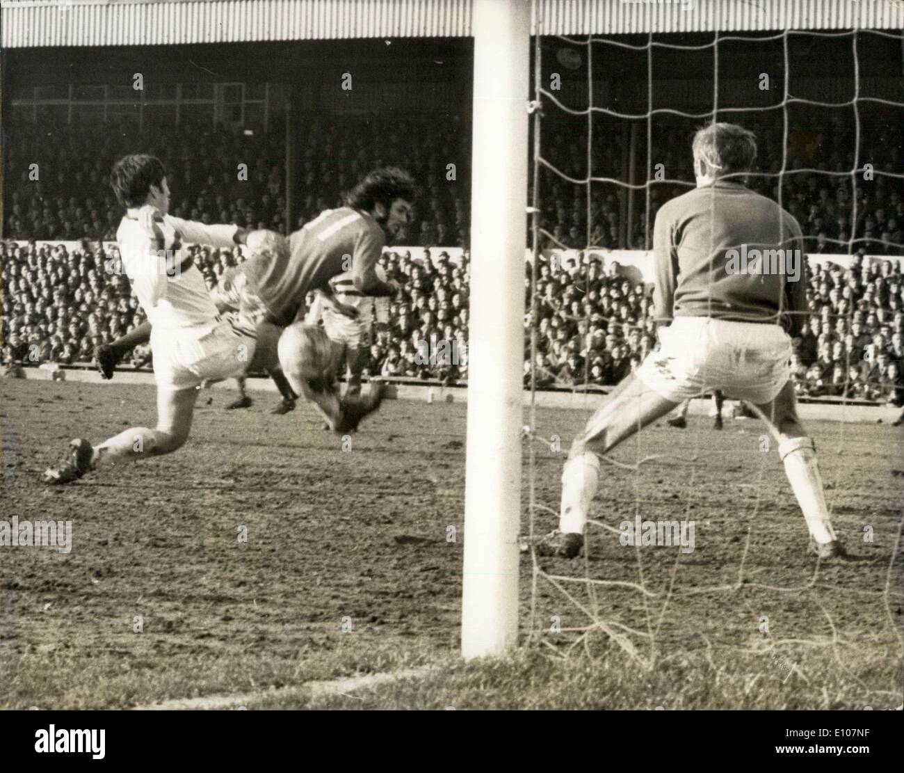 Feb. 09, 1970 - Six Goals for George Best: George Best scored six out of Manchester United's eight goals, when they beat Northampton 8-2 in their F.A. Cup-tie match on Saturday. Photo Shows George Best scoring his sixth goal during Saturday's match. Stock Photo