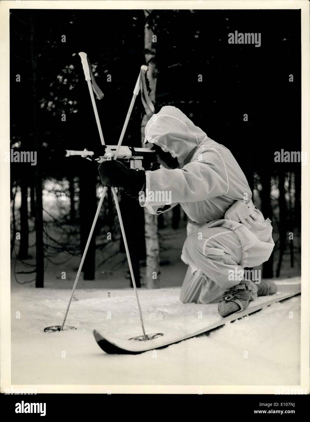Feb. 09, 1970 - Royal Marine Commandos in the Arctic: First pictures from Norway of 45 Commando Royal Marines, Britain's first specialized Mountain and Arctic Warfare Unit undergoing extensive training in Arctic conditions. For many of the commandos it is the first experience operating in sub zero temperatures, living out in the mountains in snow holes and igloos. New equipment being tested by the marines include the Canadian ''snow tric'', a four man ski scooter and a track snow vehicle from Sweden. 45 Commando's Navy doctor is subjecting medical equipment to tests in the severe conditions Stock Photo