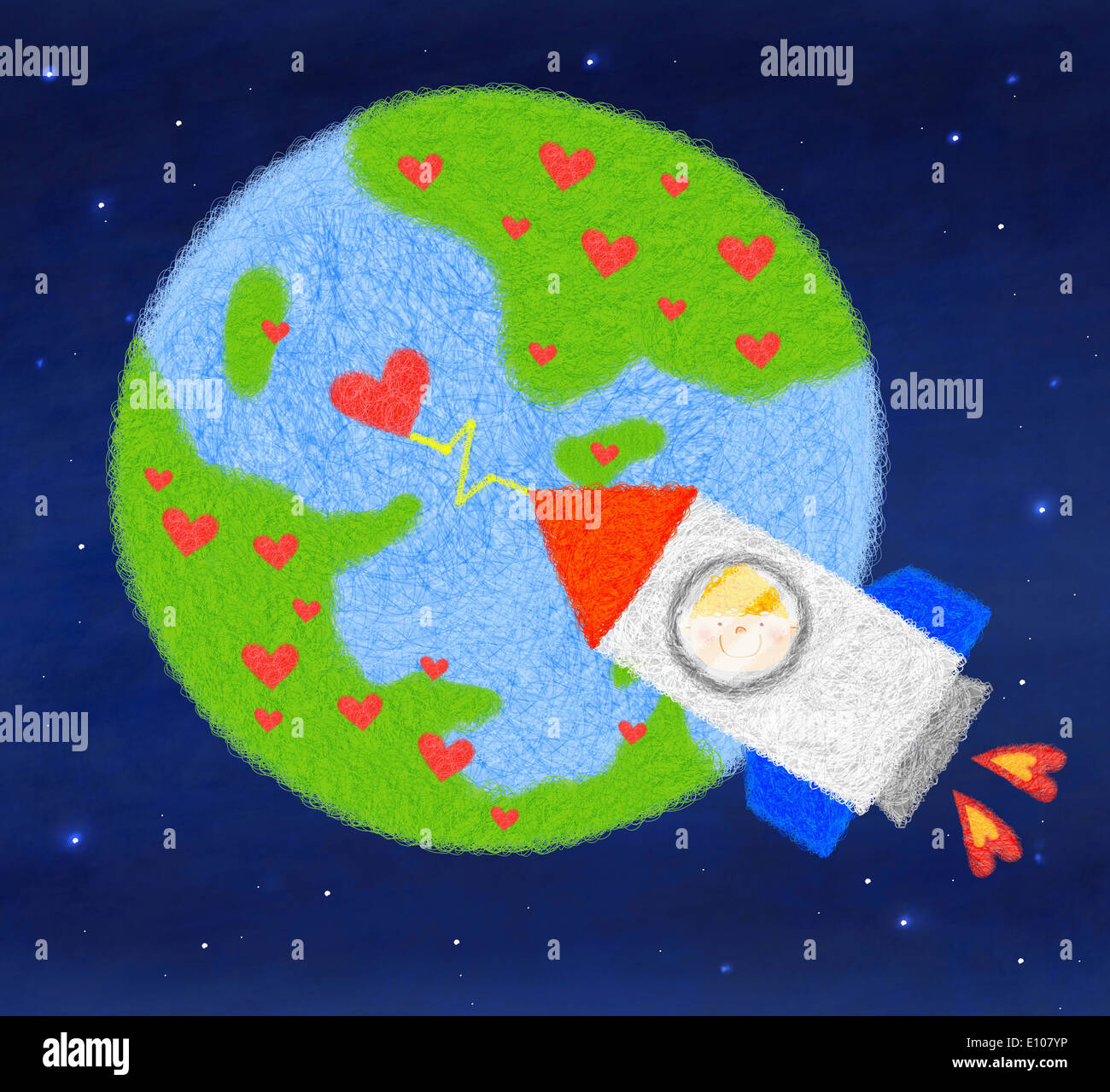 a boy flying with a space rocket Stock Photo - Alamy