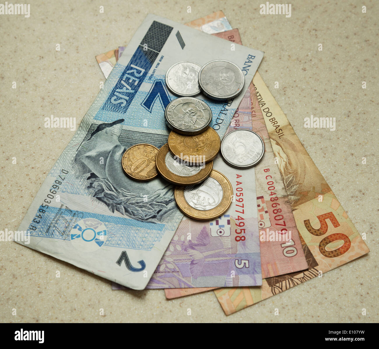 Brazilian Reals. Currency of Brazil. Money, notes and coinage. Stock Photo
