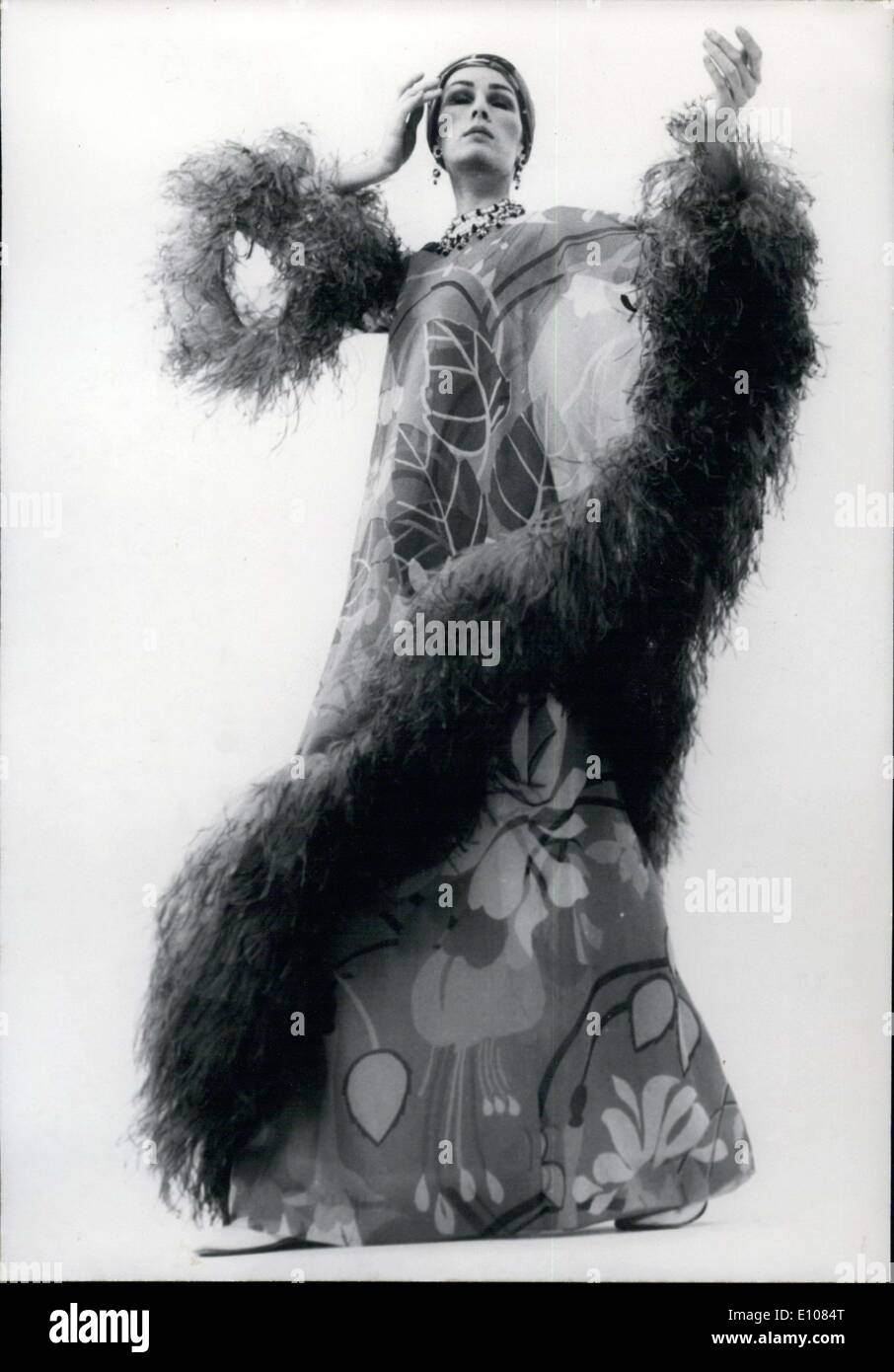 Feb. 11, 1970 - Pierre Balmain Printed Organza Dress with Ostrich Feathers  Stock Photo - Alamy