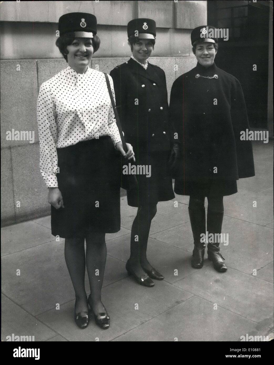 Mar. 03, 1970 - Latest fashion for Policewomen: Navy blue polka dotted nylon blouses are now part of the uniform for City of London Policewomen, who are also being issued with mid calf winter boots add new shoes. Photo shows (left to right) W/PC's Jenny Hines, of Brighton, wearing the blouse and skirt summer outfit; Carol Ofertelli of Bournemouth, wearing the ordinary uniform, and Dorothy Turner, of Wolverton, wearing the winter uniform pictured in London today. Stock Photo