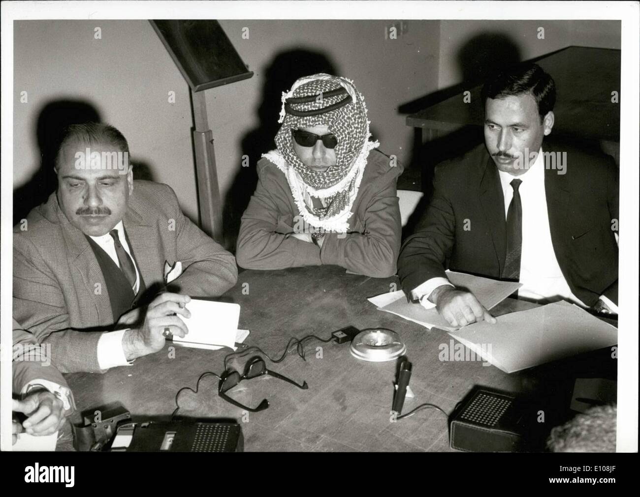 Mar. 03, 1970 - Dr. Isam head of the iou Saratawi Committee for the Liberation of Palestine during the press conference (Middle) and on the right side lawyer Mousa A'raj, and in the left side a journalist who will defend 3  charged with attaching Israeli pla in Munich. Stock Photo