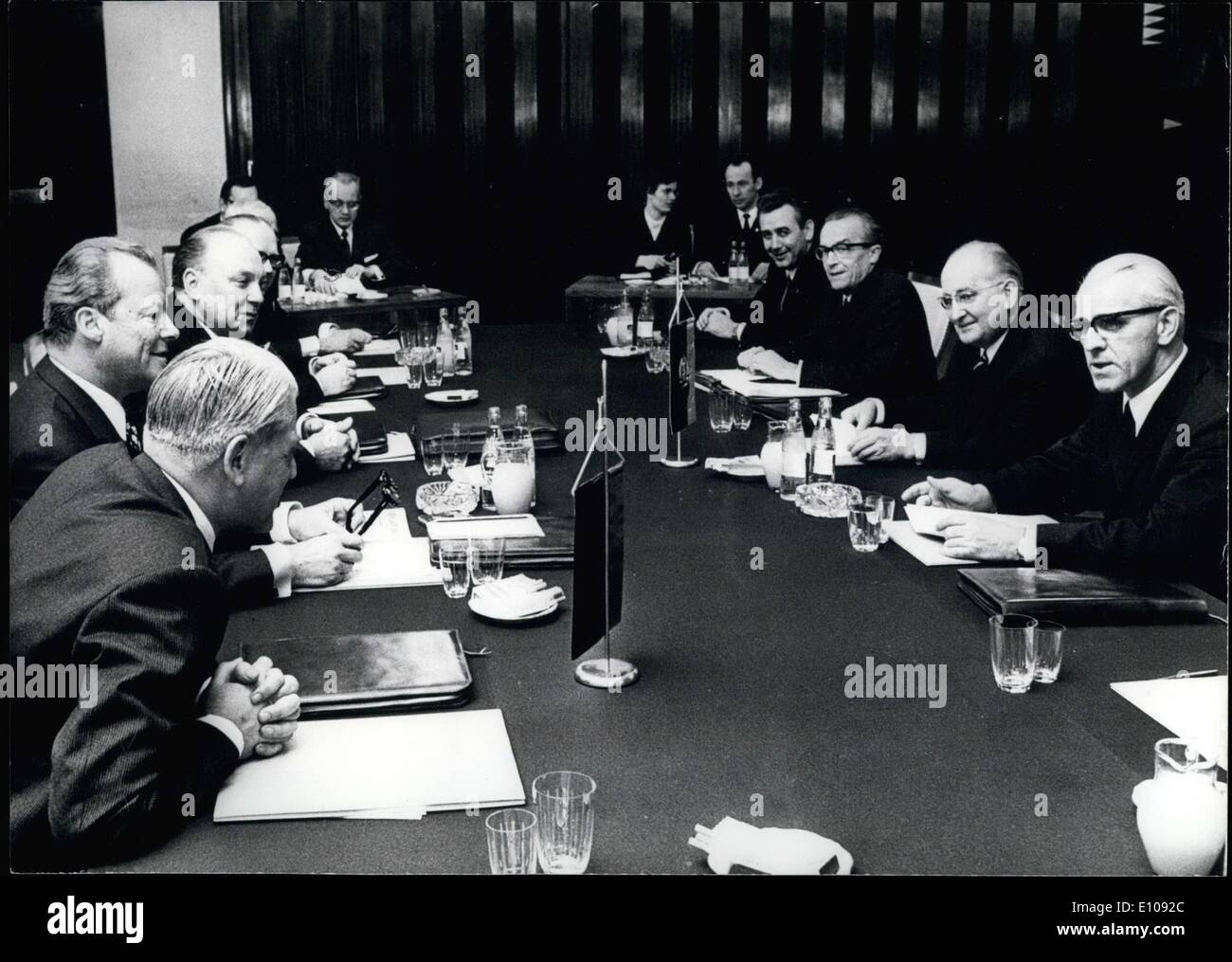 Mar. 03, 1970 - Meeting of Willy Brandt, the Chancellor of the Federal Republic of Germany and Willi Stoph, the Minister President of the German Democratic Republic in Erfurt on March 19th, 1970: Conference in Erfurt. From left to right sitting (right row): Minister President Willi Stoph Minister for Foreign Affairs of the GDR, Otto Winzer, Gunther Kohrt, State Secretary in the Ministry for Foreign Affairs of the GDR, Dr Stock Photo