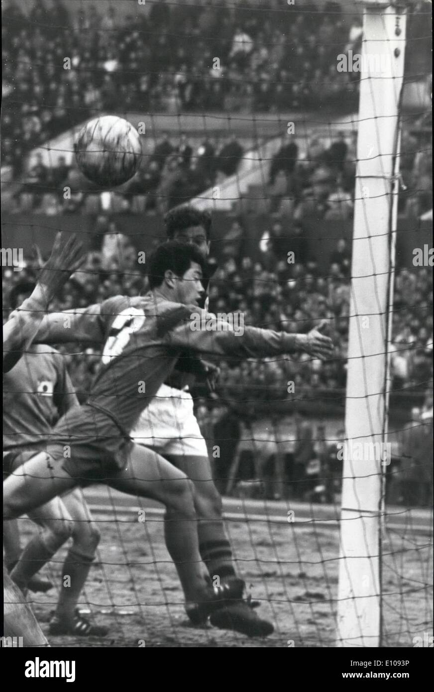 Mar. 03, 1970 - They shall not pass: A Japanese full-back makes desperate efforts to protect his goal and goalkeeper from an attack by the forwards of the Flamengo Club Brazil, during their match with an all-Japan ''B'' team at the Olympic Stadium in Tokyo. The result of the match was a 3-3 draw. Stock Photo