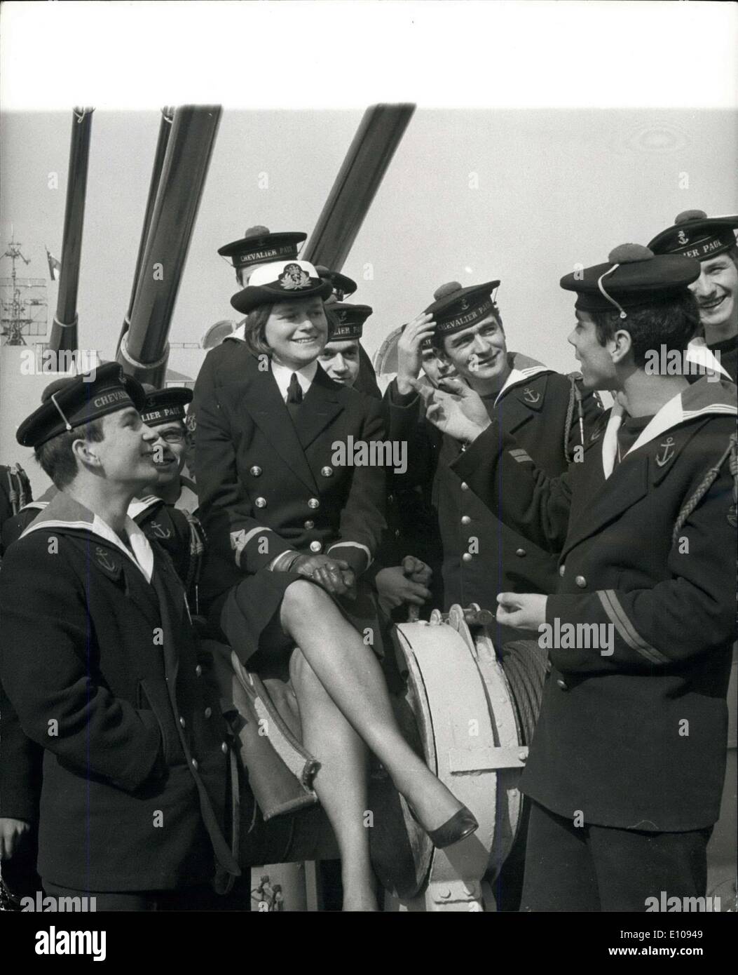 Mar. 07, 1970 - Wren Liaison Officer Greets French Warships Visiting Chatham: Third Officer Heather Nicholson, acting as liaison yesterday to members of the crew of the French destroyer, Chevalier Oaul, 2,750 tons, which three other French ships, is paying a five-day courtesy visit to Chatham. She at one time worked in France as an au pair. Photo shows Third Officer Heather Nicholson seen with members of the crew of the French Destroyer Chevalier Paul at Chatham yesterday. Stock Photo