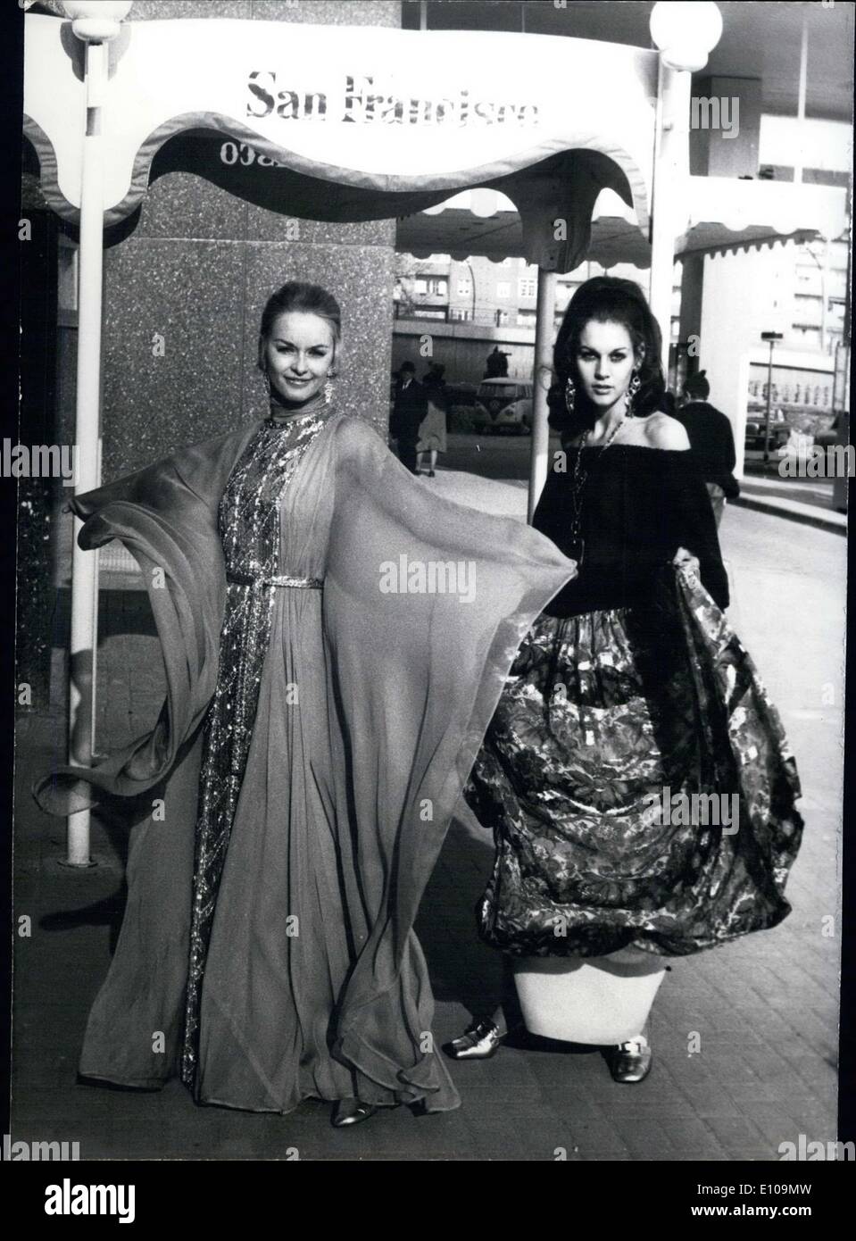 Mar. 14, 1970 - Pictured on the right is Linda Collett(Miss South Africa 1969), who is wearing a shoulderless ''gypsy look'' made by fashioner designer Castillo. The French mockup was to be shown at the 84th IGEDO in Duesseldorf, where over 1,000 exhibitors will show their fashion designs. Stock Photo